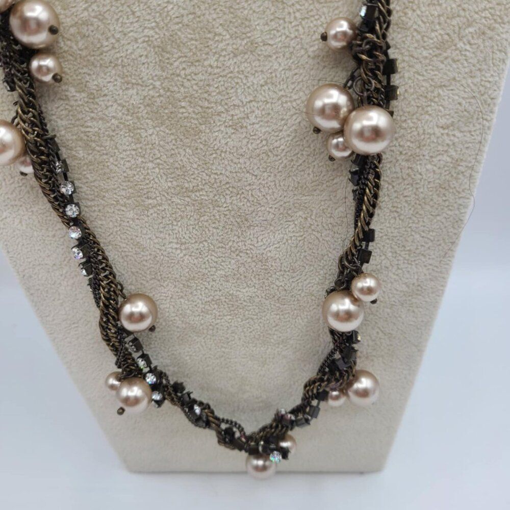 J Crew Copperish Necklace with Faux Pearls and Clear Crystals - Picture 5 of 13